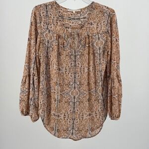 Violet + Claire Blouse Women Small Boho Folk Art Print Tie Neck Bell Sleeve Top